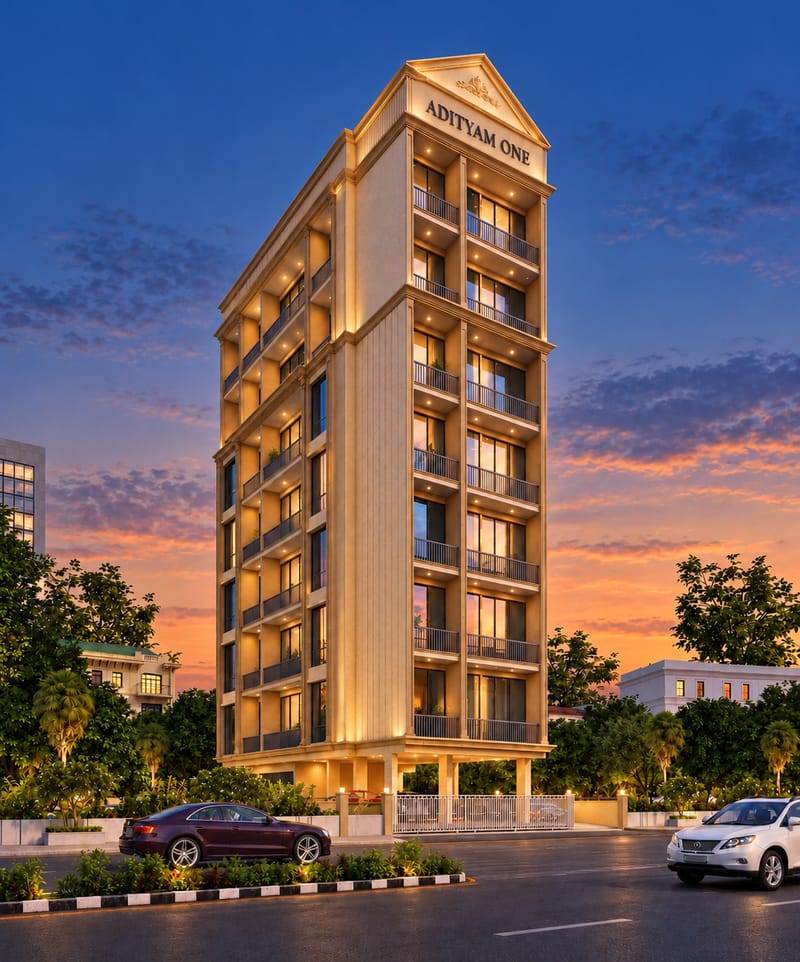 Evening view of Adityam One, a G+7 residential building in Sector 19, Ulwe, Navi Mumbai