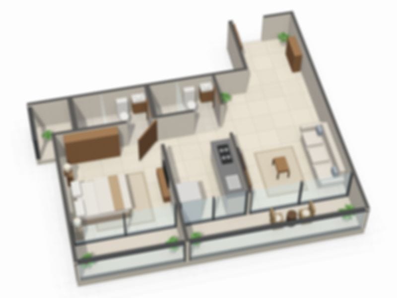 Blurred 3D layout preview of 1 BHK Layout 01 at Adityam One