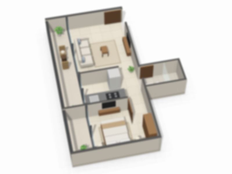 Blurred 3D layout preview of 1 BHK Layout 02 at Adityam One