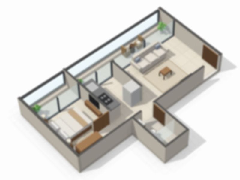 3D layout view B of 1 BHK Layout 02