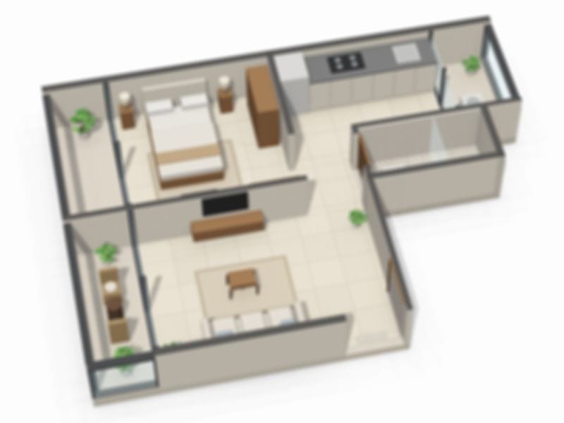 Blurred 3D layout preview of 1 BHK Layout 03 at Adityam One