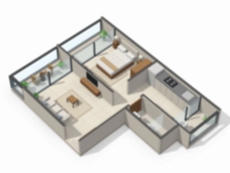 3D layout view B of 1 BHK Layout 03