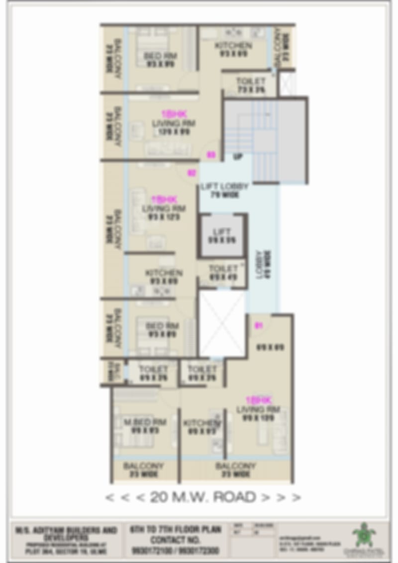 Blurred typical floor plan of Adityam One, 6th to 7th floor, showing three 1 BHK apartments